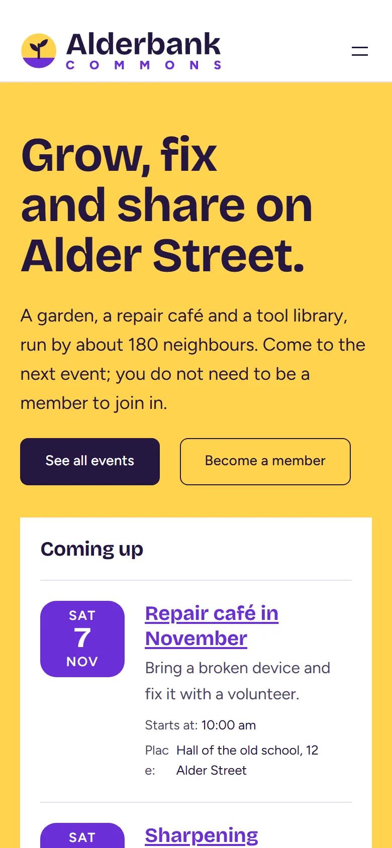 Alderbank Commons on a phone: headline, buttons for events and membership and the first upcoming event