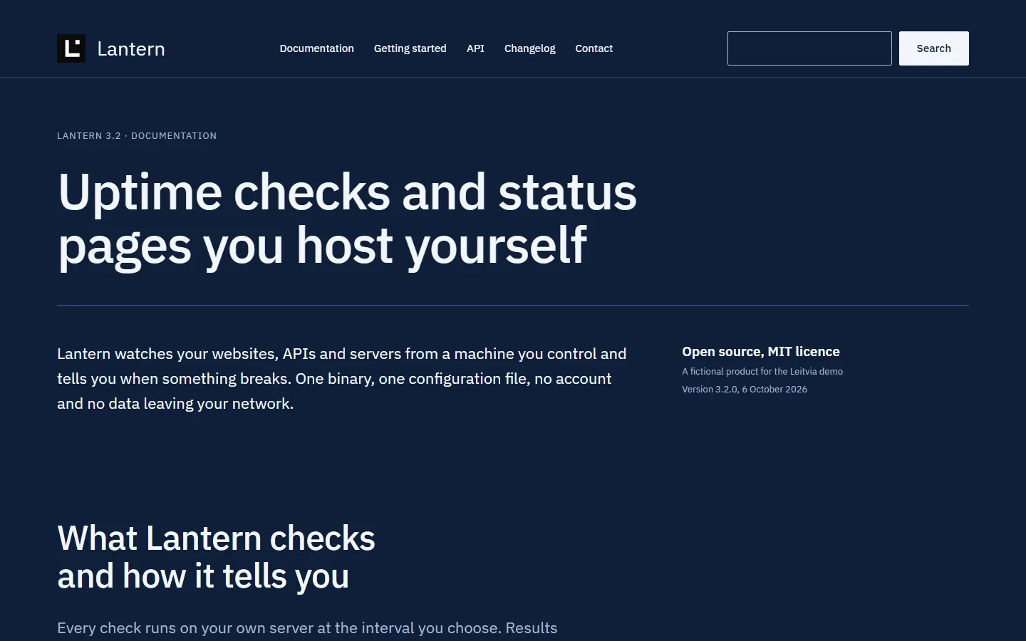 Start page of the Lantern documentation on dark blue: Uptime checks and status pages you host yourself, with a search field in the header