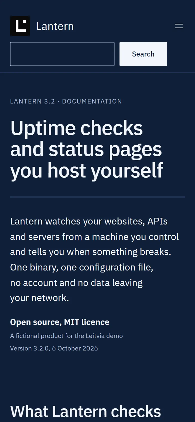 The Lantern documentation on a phone: search field below the logo and the headline in large white type