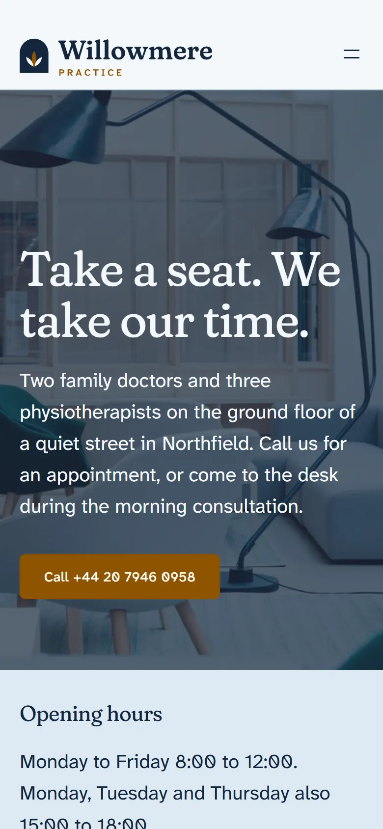 Willowmere Practice on a phone: headline, phone button and the opening hours below