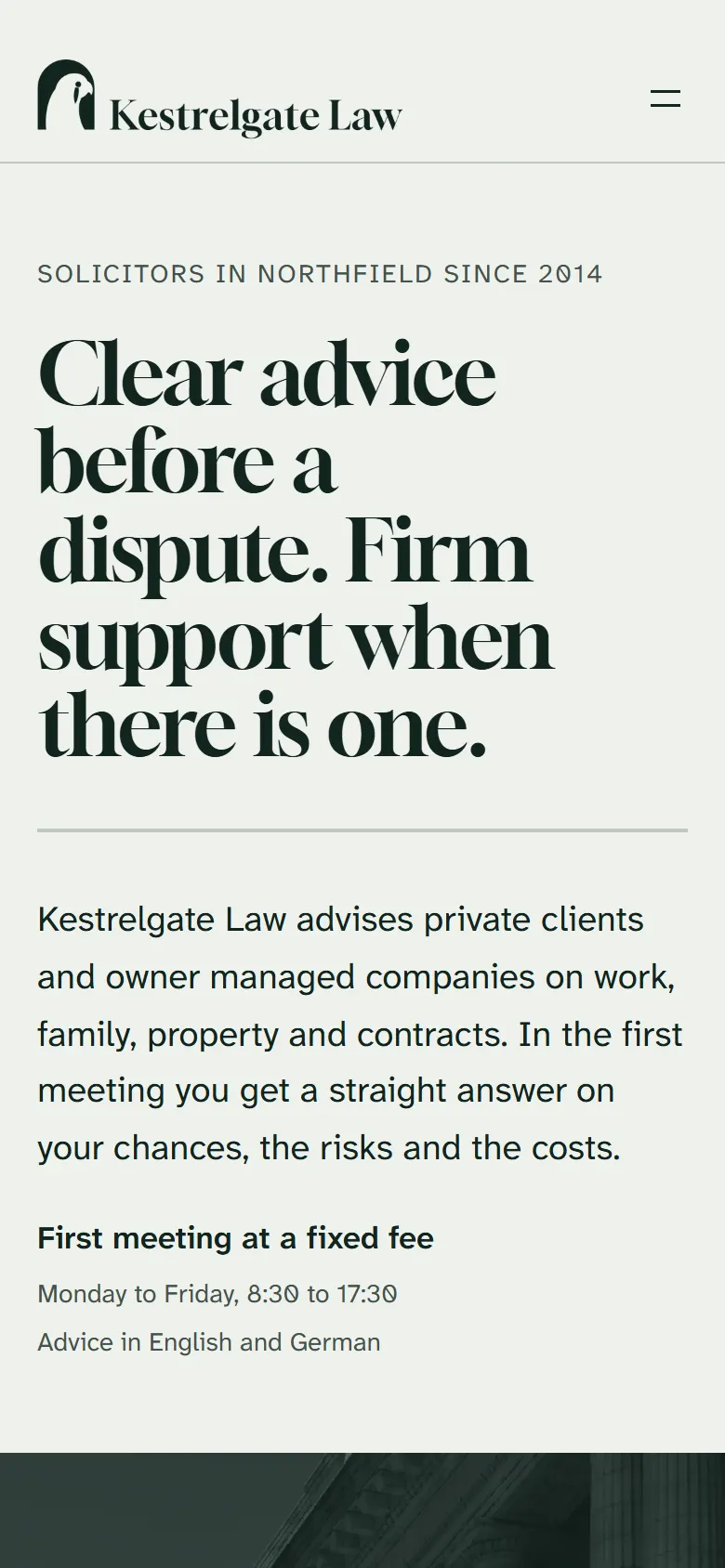 Kestrelgate Law on a phone: the headline in a large serif over four lines and the introduction below