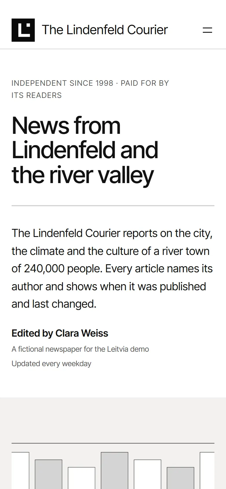 The Lindenfeld Courier on a phone: masthead line, introduction and the name of the editor