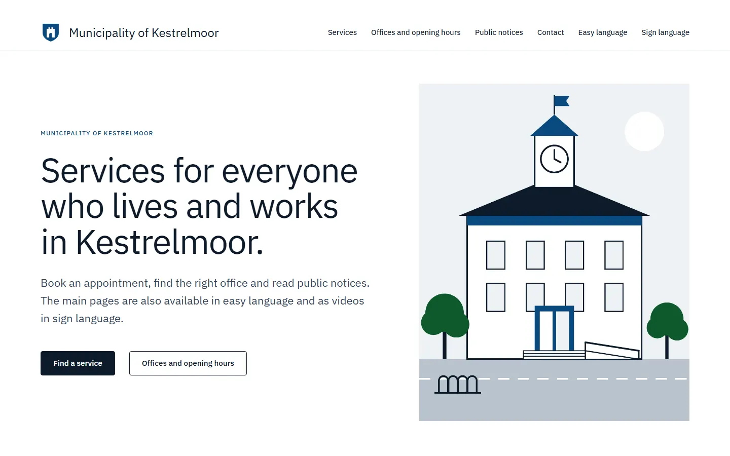 Start page of the Municipality of Kestrelmoor: Services for everyone who lives and works in Kestrelmoor, next to a drawing of the town hall