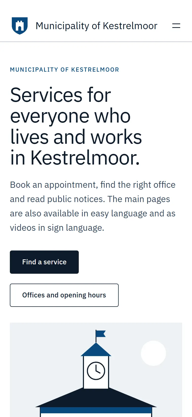 Kestrelmoor on a phone: headline, two buttons for services and offices and the town hall drawing below