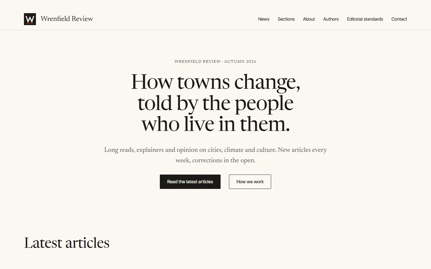 Start page of Wrenfield Review on salmon paper: How towns change, told by the people who live in them, set in Bodoni