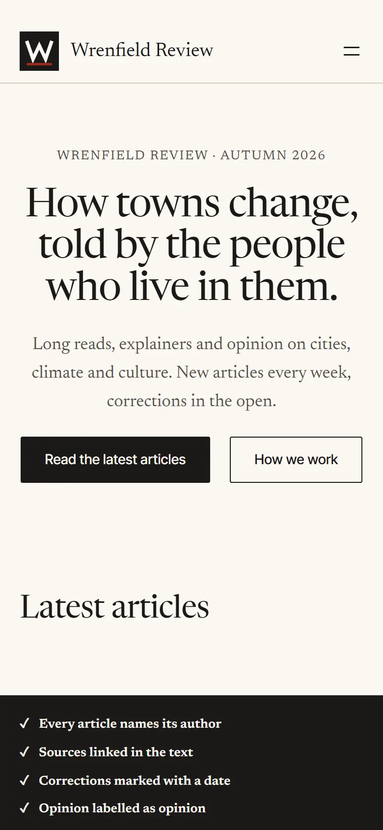 Wrenfield Review on a phone: the headline in Bodoni and two buttons on salmon paper