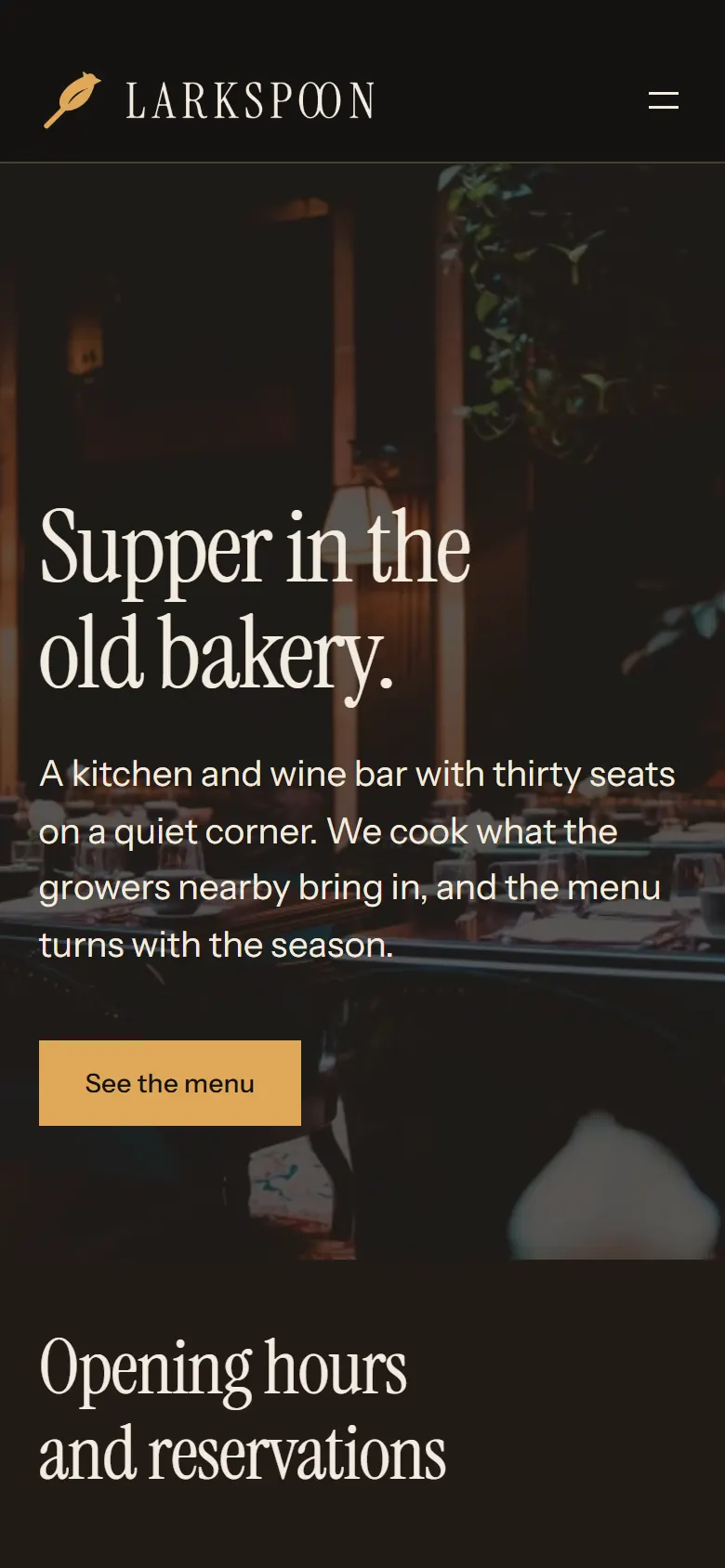 Larkspoon on a phone: the headline in a tall serif and a button to the menu
