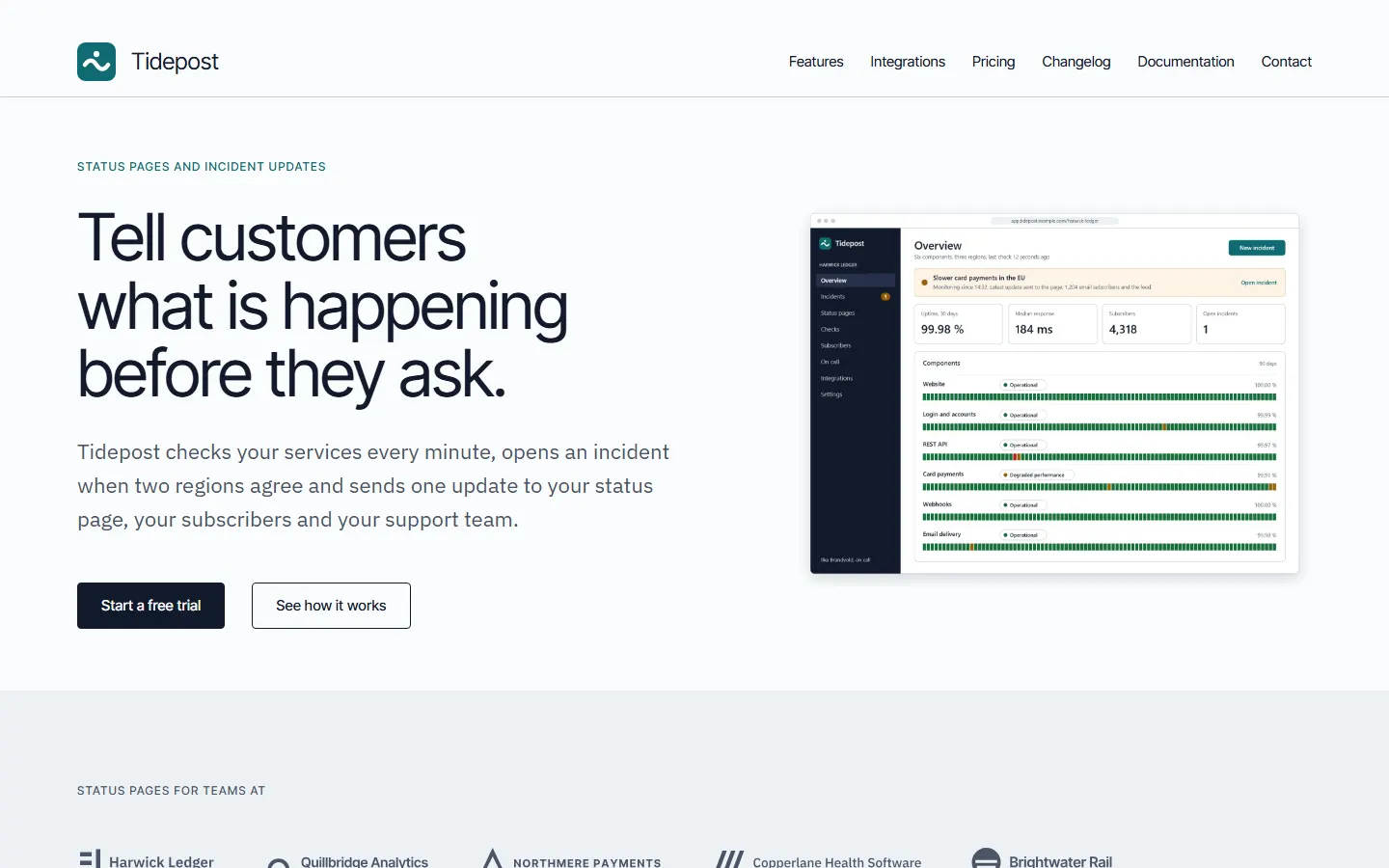 Start page of Tidepost: the headline Tell customers what is happening before they ask next to a status board of the product