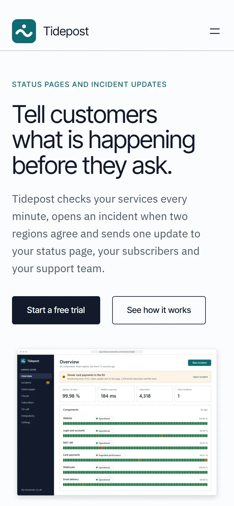 Tidepost on a phone: headline, two buttons and the product status board below