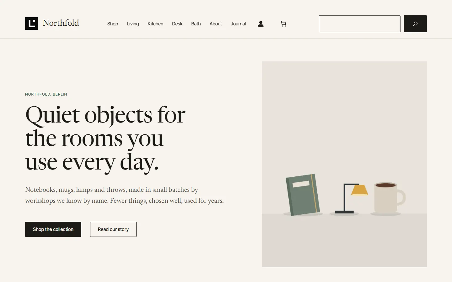 Start page of the Northfold shop: the headline Quiet objects for the rooms you use every day beside a drawing of a notebook, a lamp and a mug