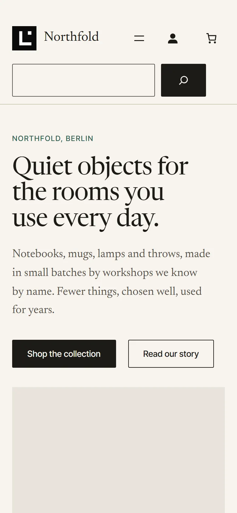 The Northfold start page on a phone: the shop header with menu, account, cart and product search above the headline