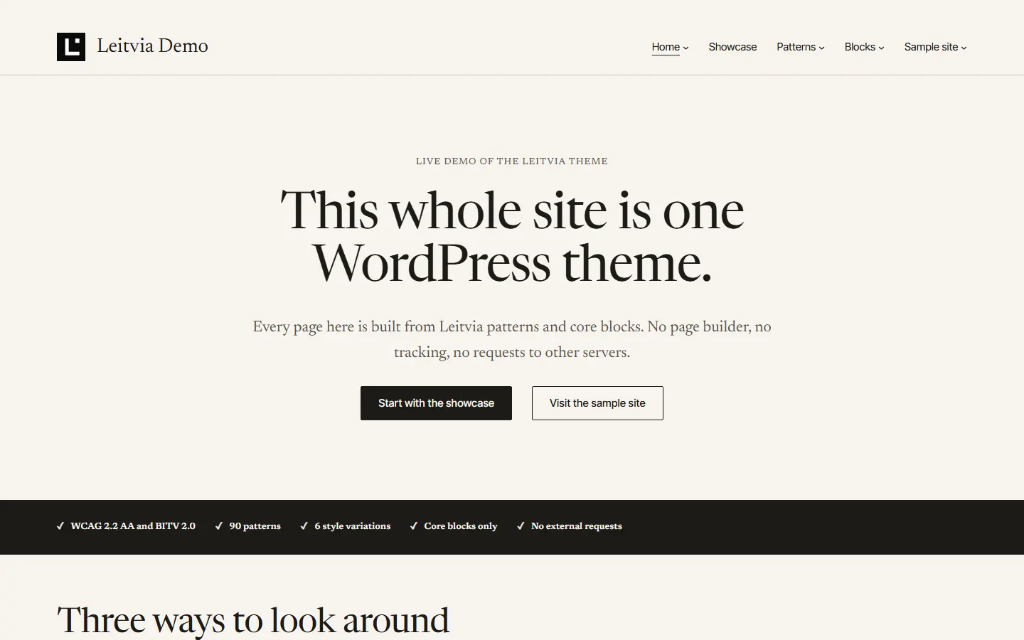 Start page of the Showcase demo: the headline This whole site is one WordPress theme, two buttons and a dark strip with the checks the site passes
