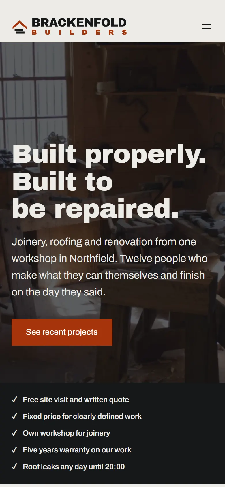 Brackenfold Builders on a phone: the headline over the workshop photo and a list of promises below